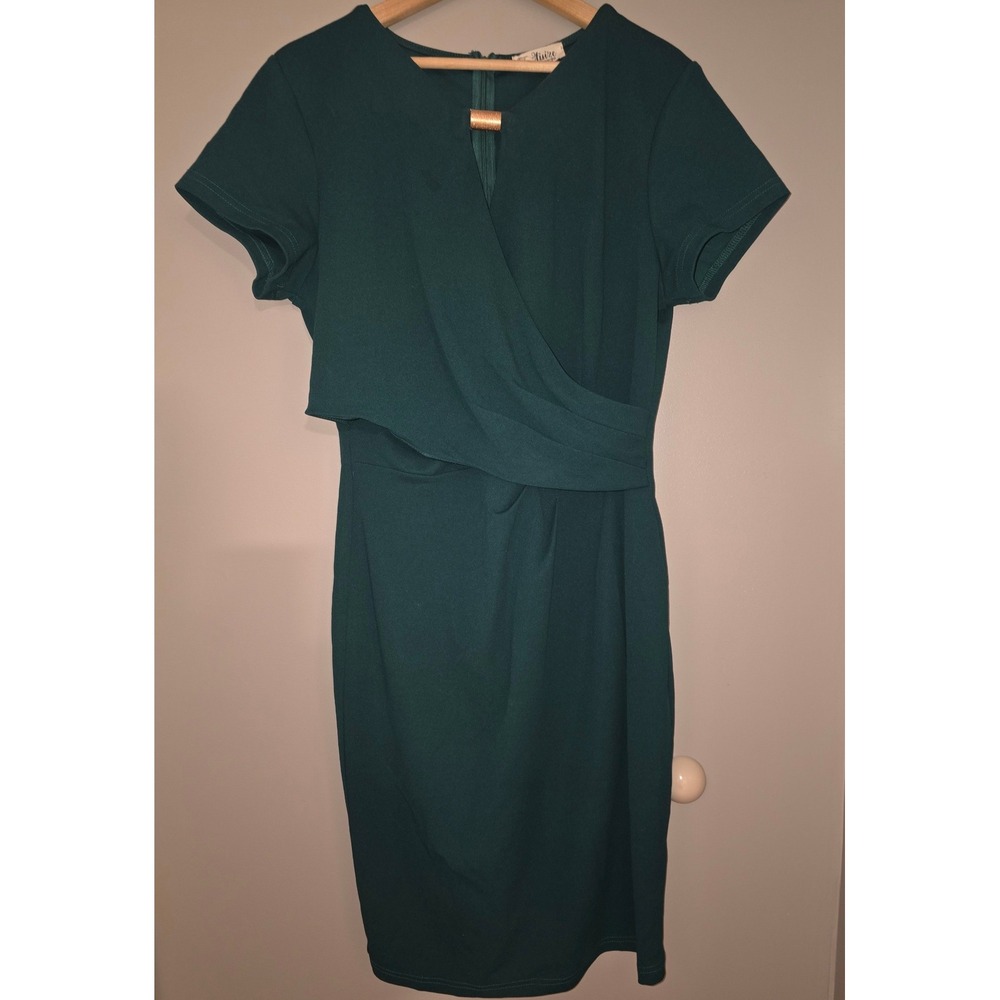 Miusol Womens Dark Green Faux Wrap Sheath Dress Gold Keyhole Midi Business XL